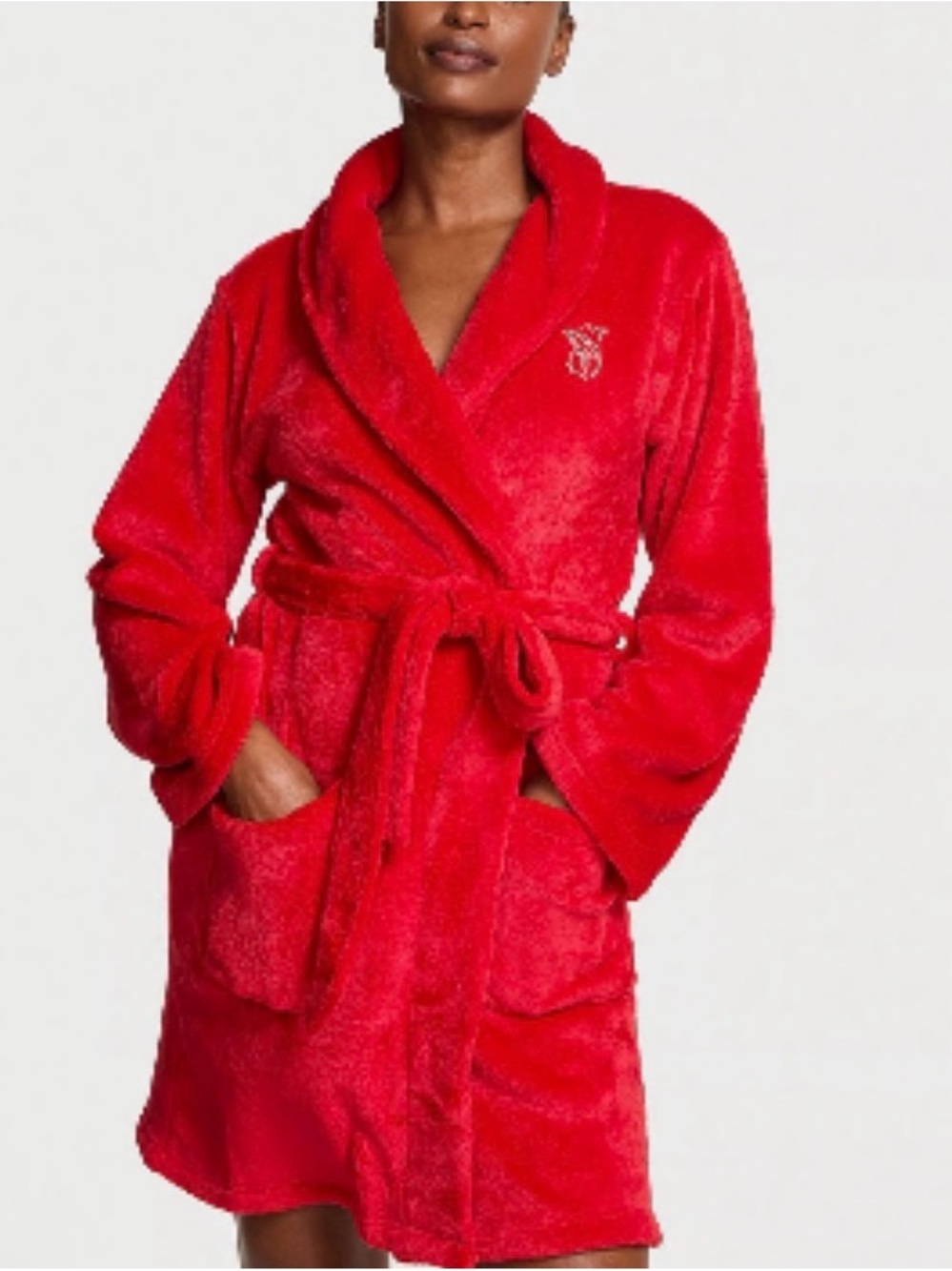 Victoria's Secret Red Plush Shawl-Collar Short Robe with Belt